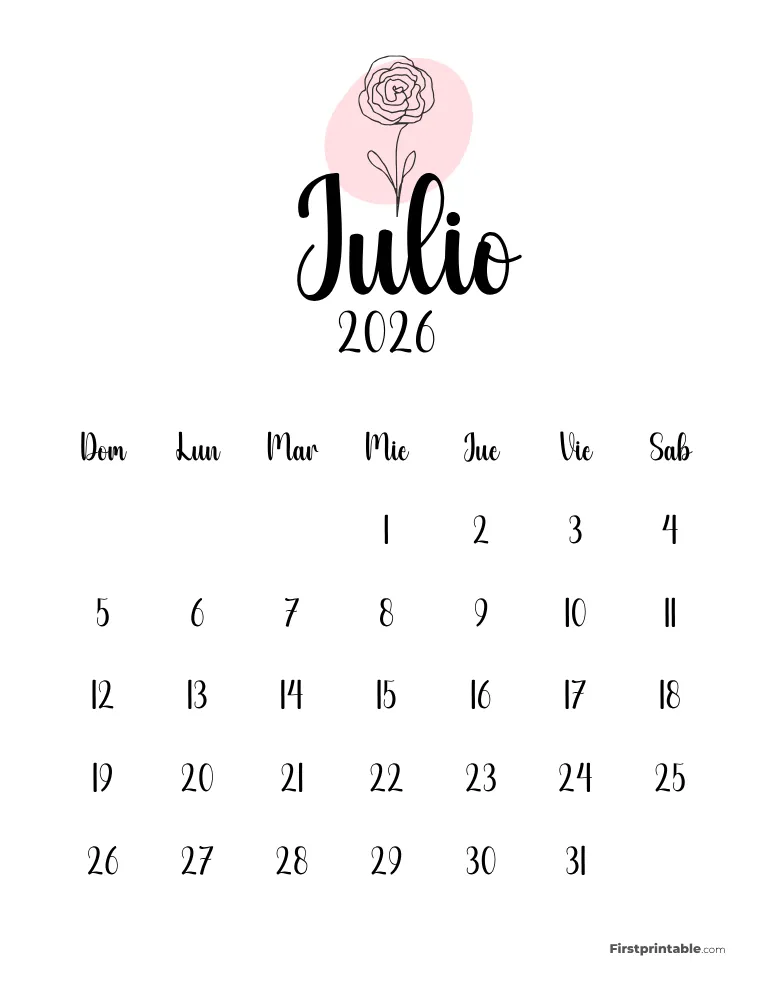 Spanish Printable July Calendar 2026 Template 48