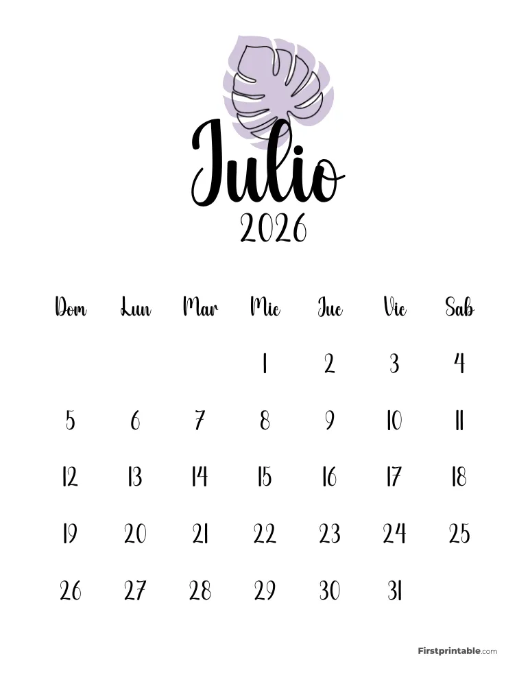 Spanish Printable July Calendar 2026 Template 49