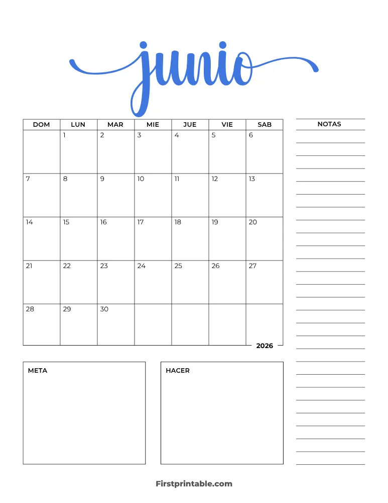 Spanish Printable June Calendar 2026 Template 29