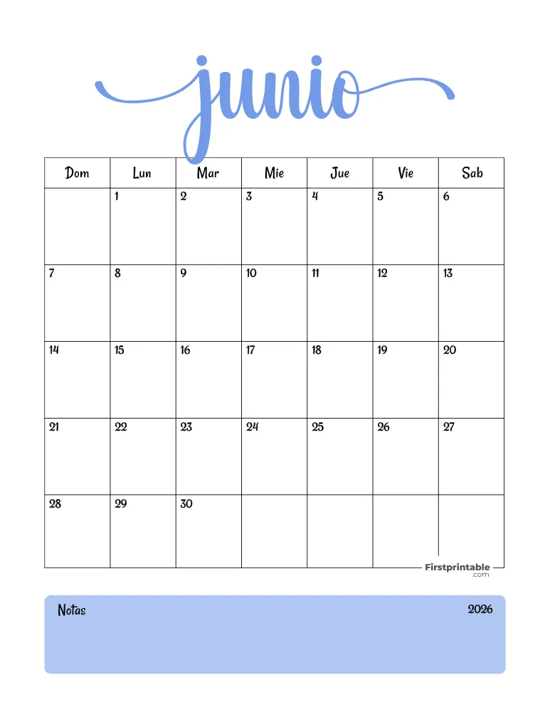 Spanish Printable June Calendar 2026 Template 31