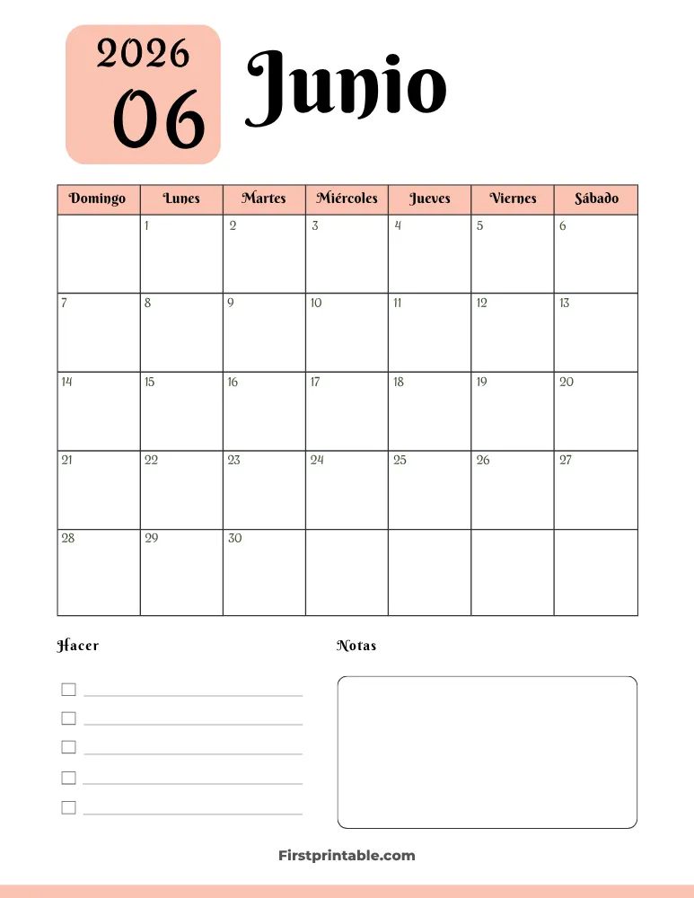 Spanish Printable June Calendar 2026 Template 34