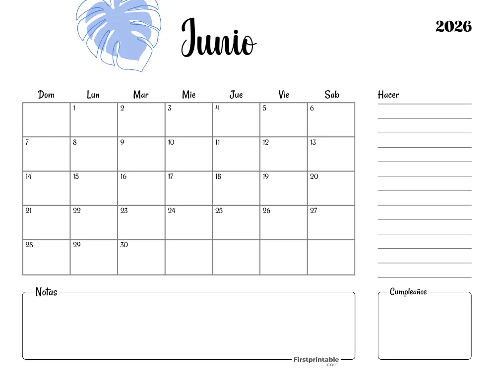 Spanish Printable June Calendar 2026 Template 35