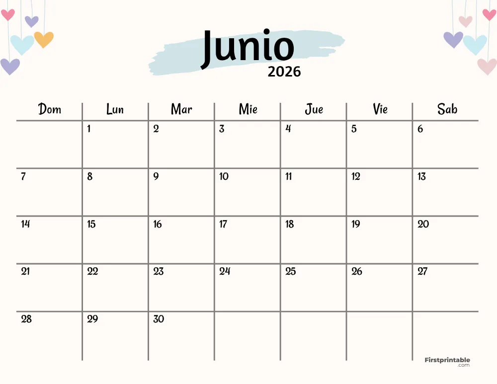 Spanish Printable June Calendar 2026 Template 42