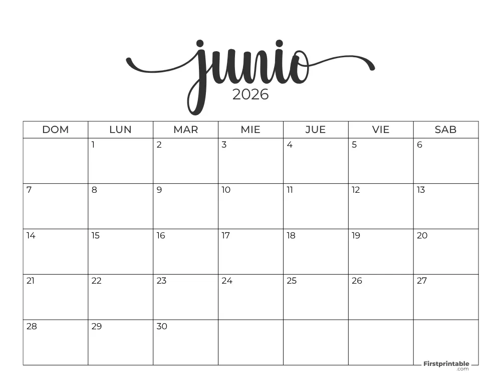 Spanish Printable June Calendar 2026 Template 43