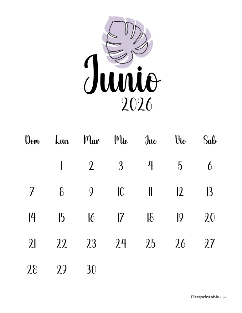 Spanish Printable June Calendar 2026 Template 49