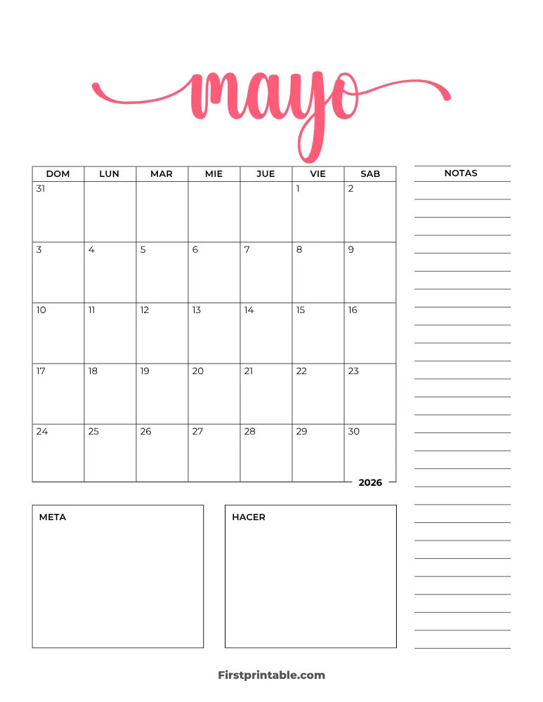 Spanish Printable May Calendar 2026 Template 29