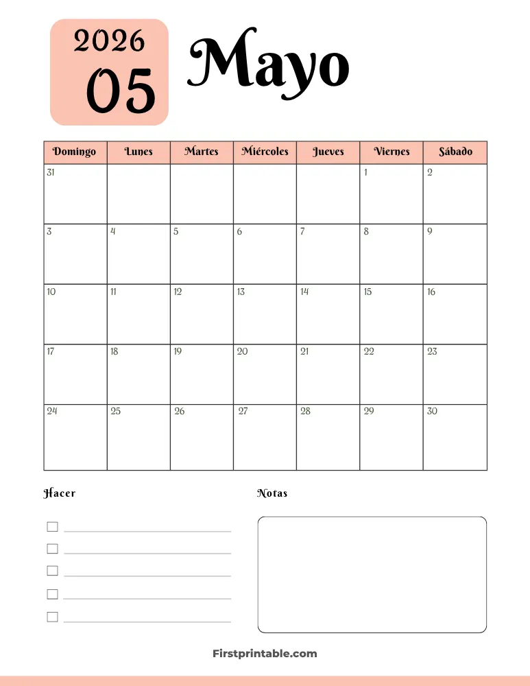 Spanish Printable May Calendar 2026 Template 34