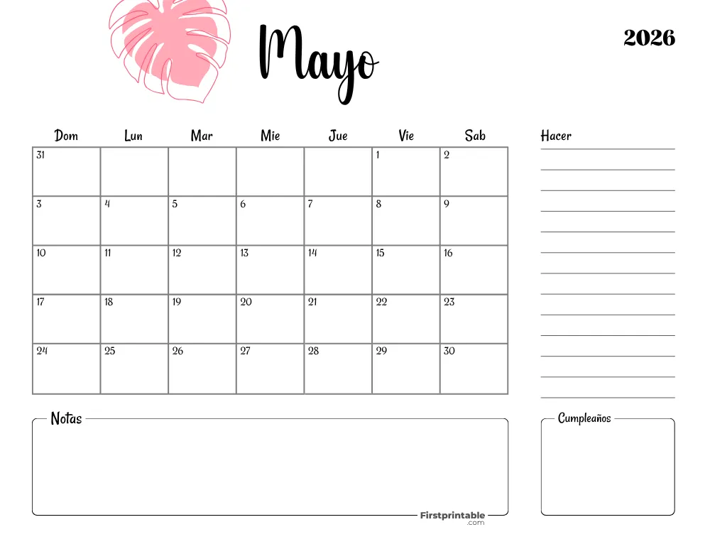 Spanish Printable May Calendar 2026 Template 35