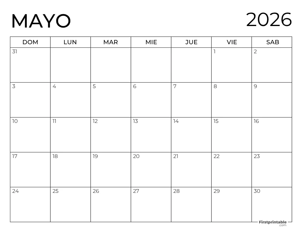 Spanish Printable May Calendar 2026 Template 44