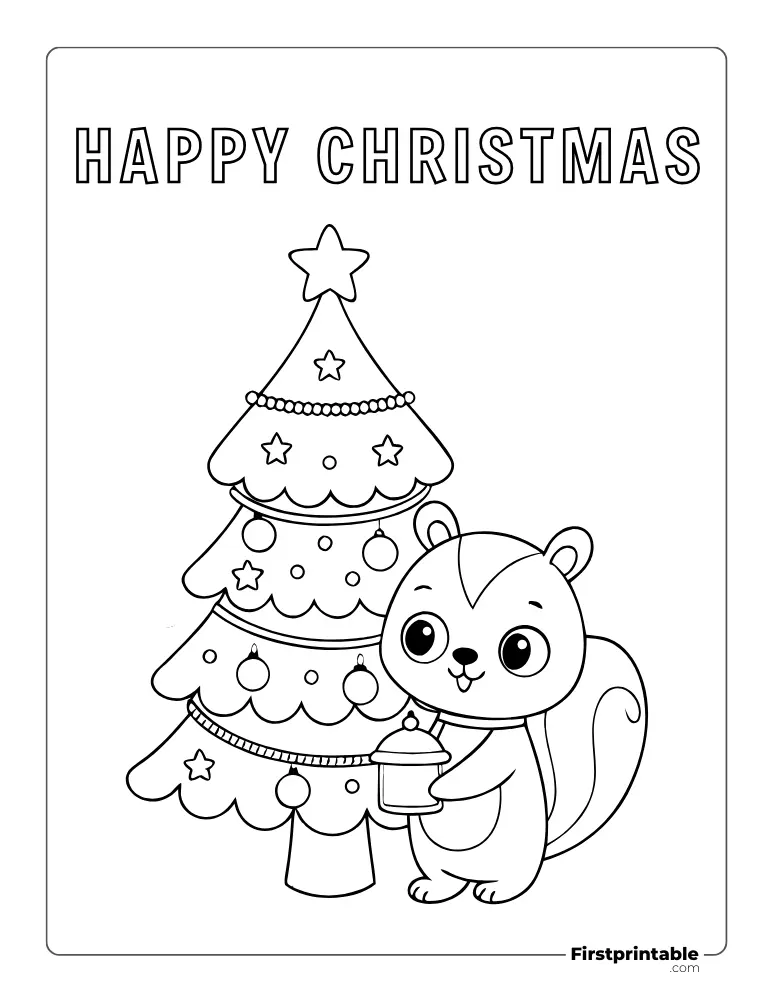 A Squirrel near Christmas Tree to color
