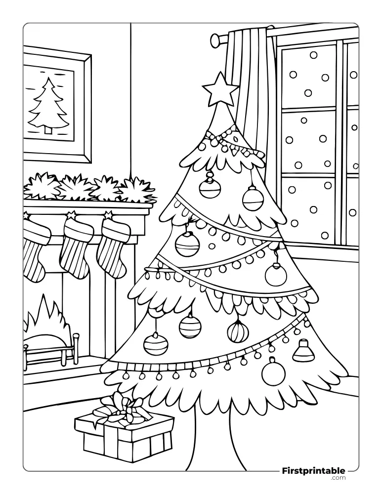 Decorated Xmas Tree in Living Room Coloring Page
