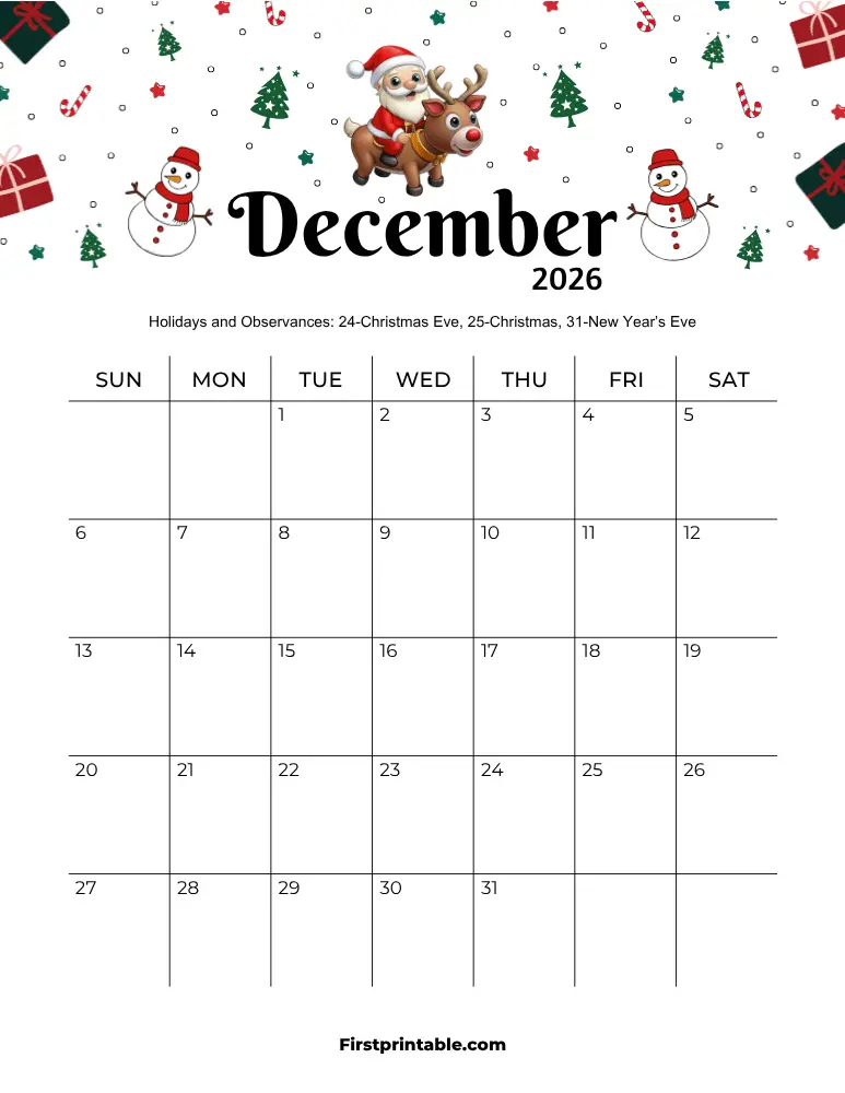 December 2026 Calendar Christmas Theme