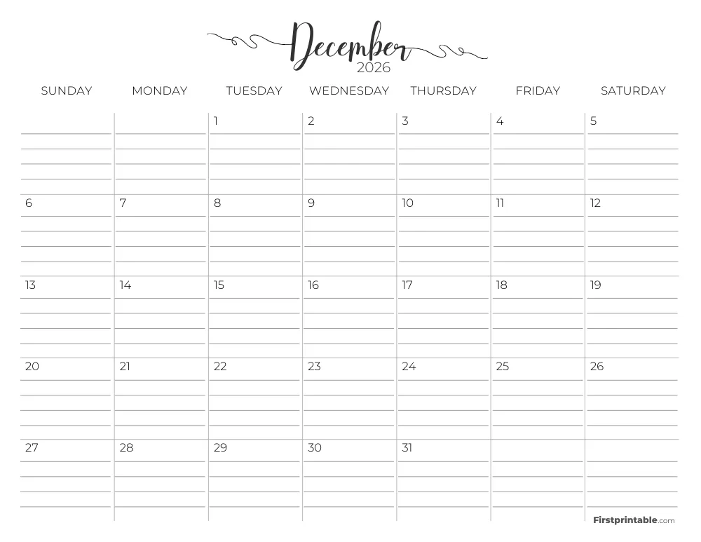 December 2026 Calendar with lines 02
