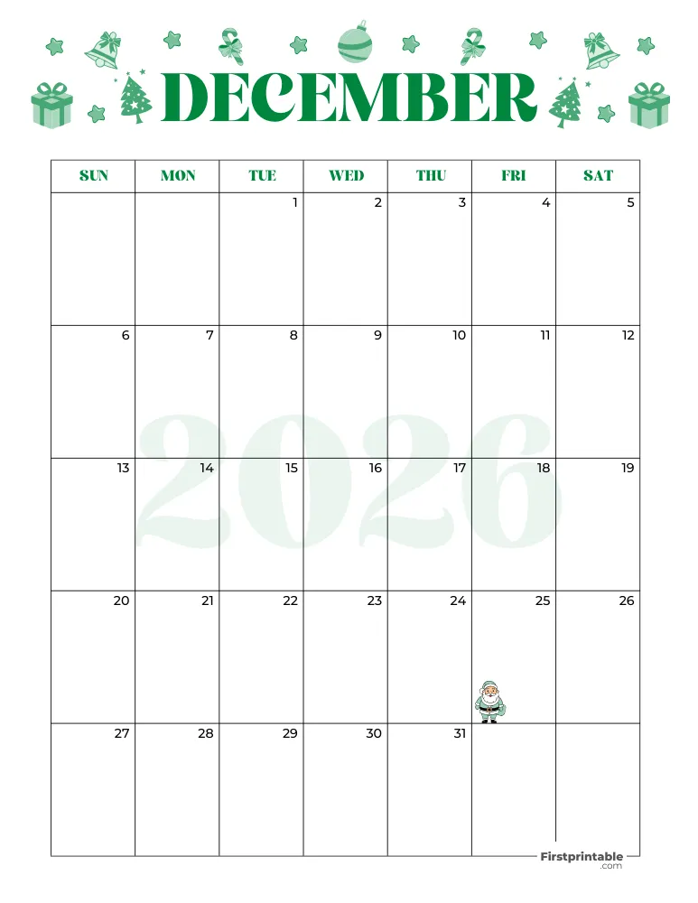 December Calendar 2026 Christmas Template 07