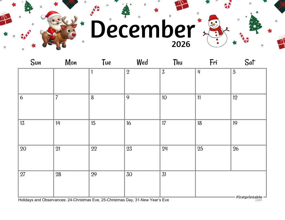 December Calendar 2026 - Christmas