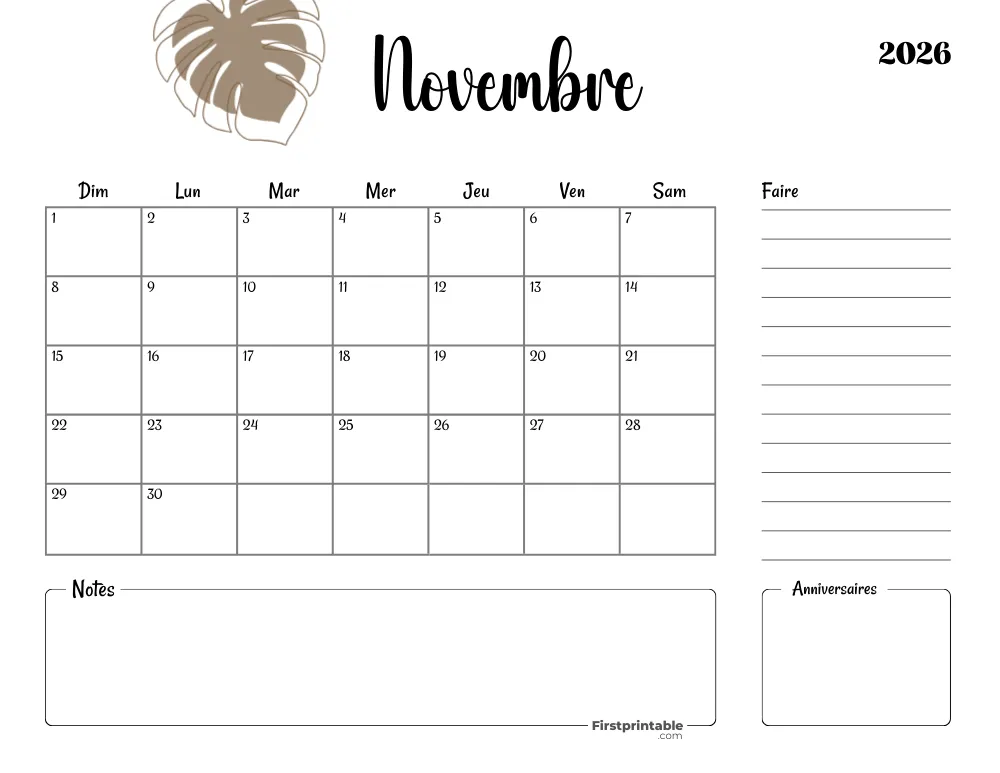 French Printable November Calendar 2026 Template 45