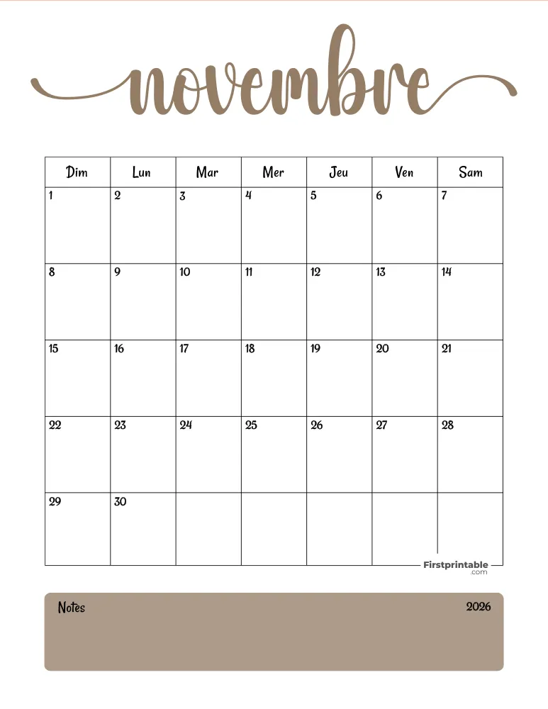 French Printable November Calendar 2026 Template 46