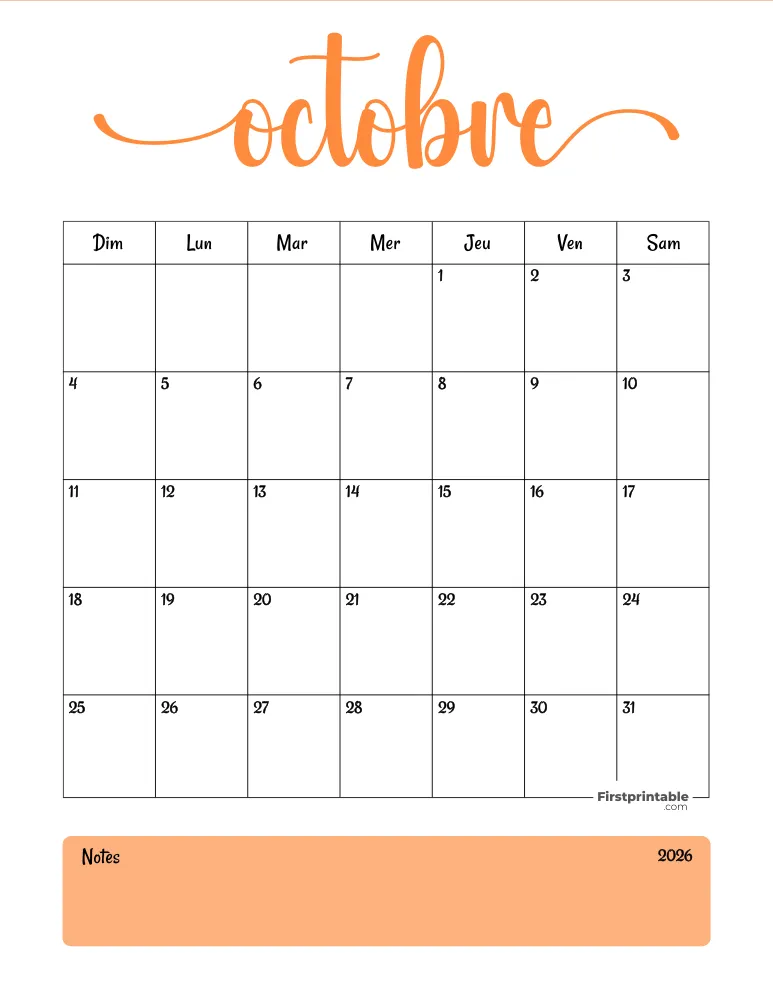French Printable October Calendar 2026 Template 46