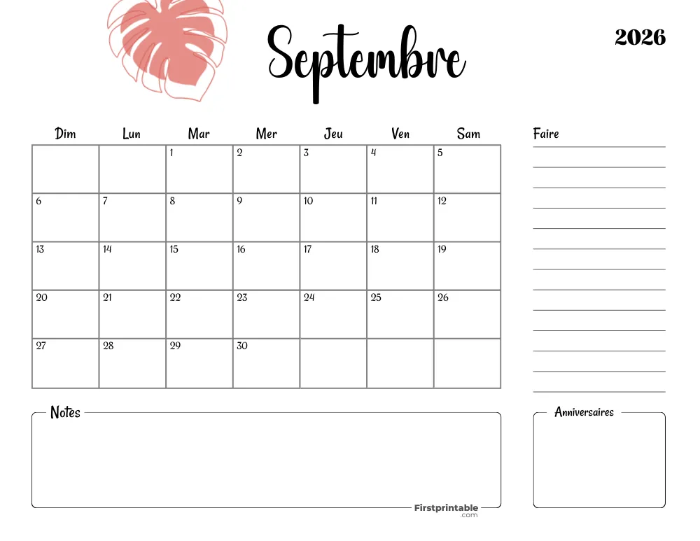 French Printable September Calendar 2026 Template 45