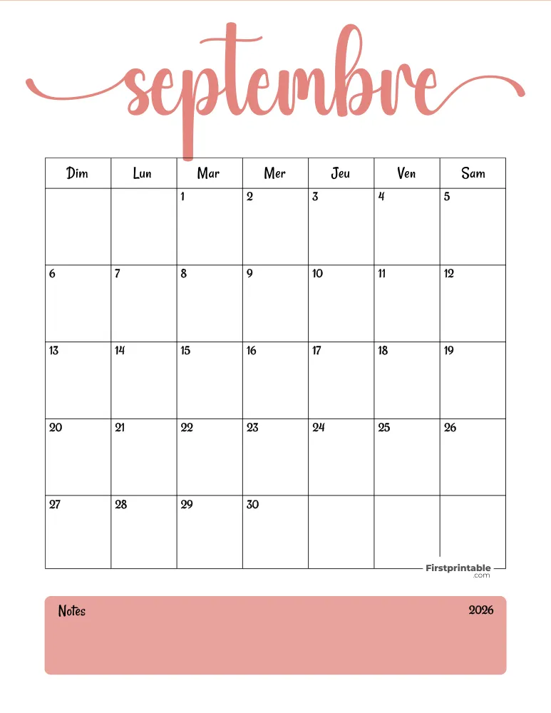 French Printable September Calendar 2026 Template 46