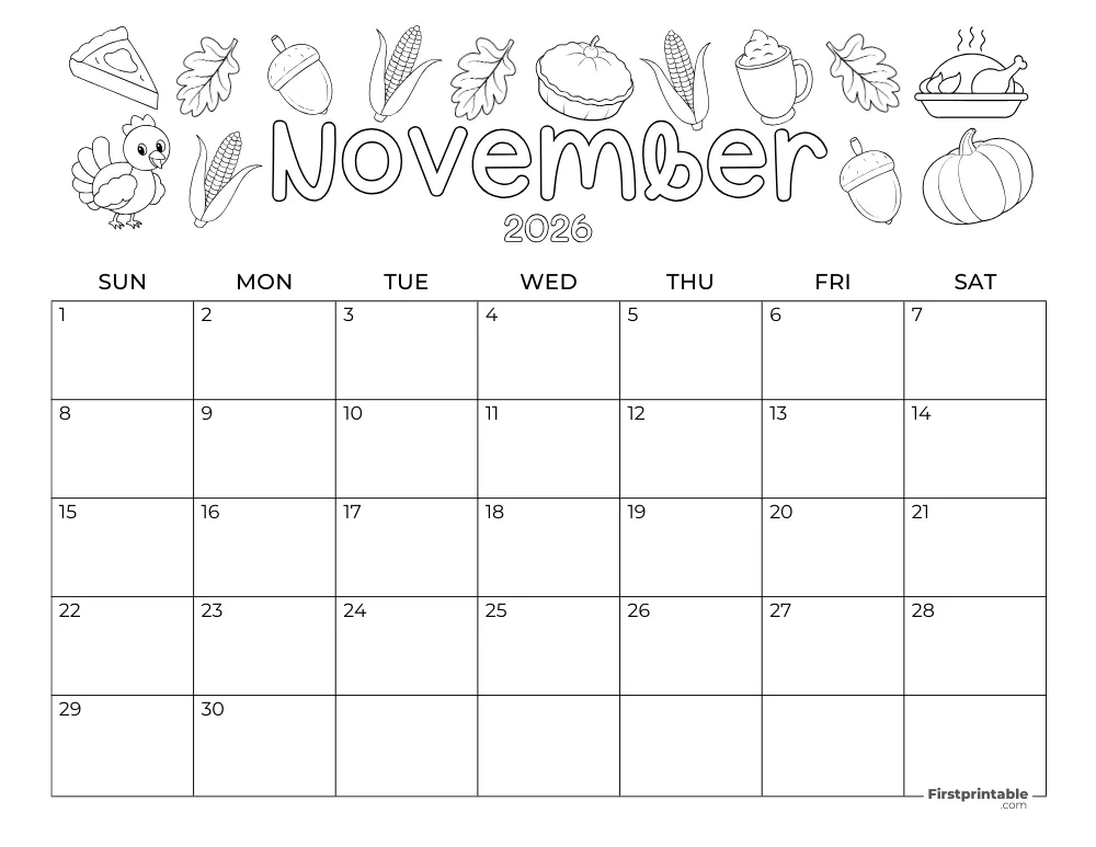 November 2026 Calendar Thanksgiving Day Themed