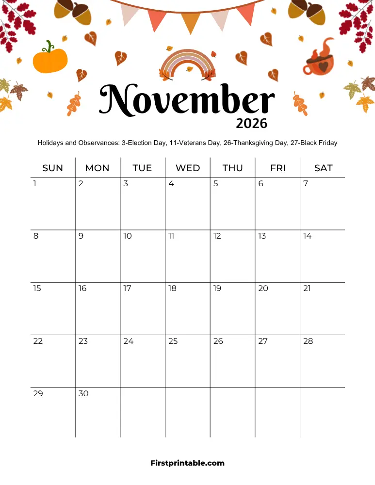 November 2026 Calendar Thanksgiving Theme