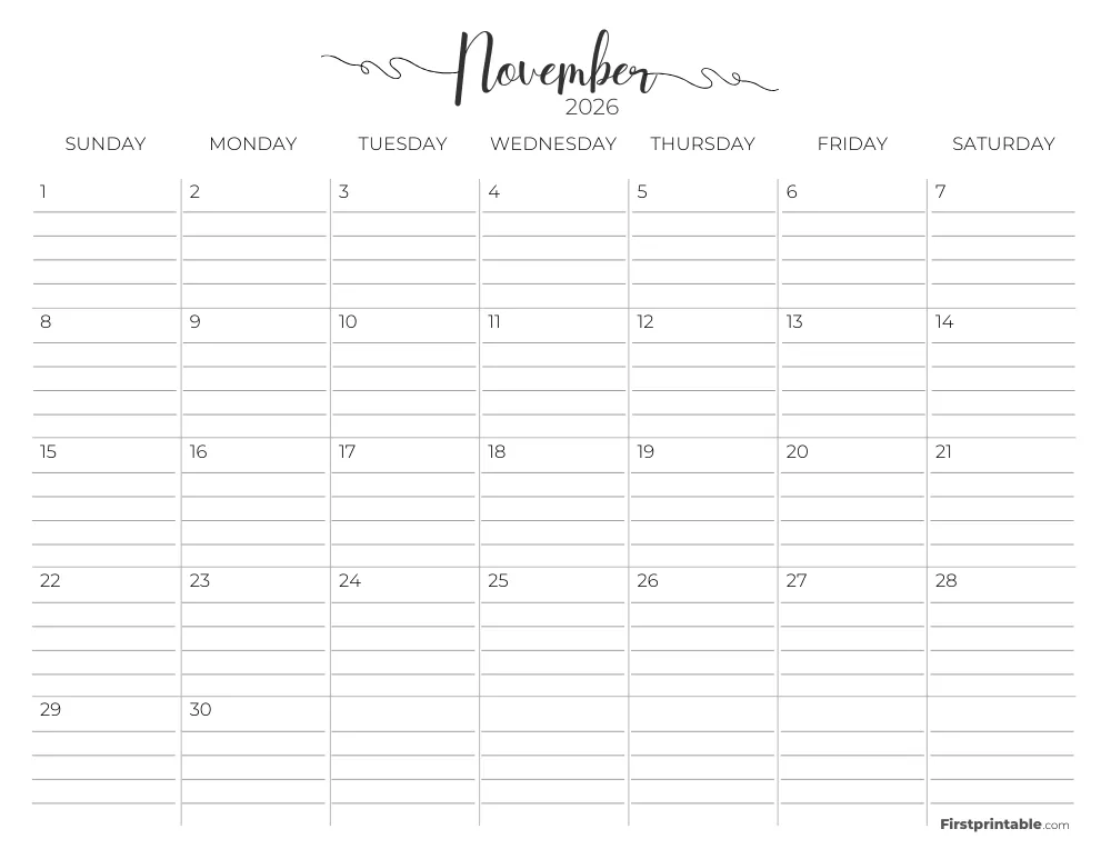November 2026 Calendar with lines 02