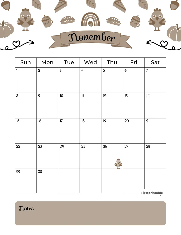 November Calendar 2026 Thanksgiving Day Template 01