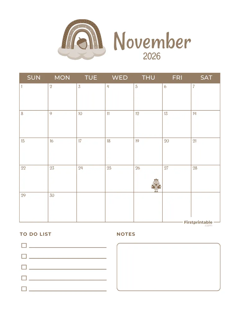 November Calendar 2026 Thanksgiving Day Template 02