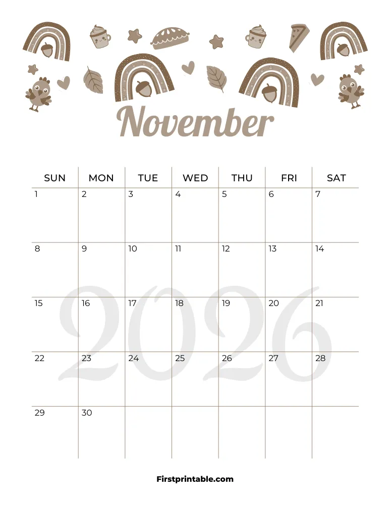 November Calendar 2026 Thanksgiving Day Template 06