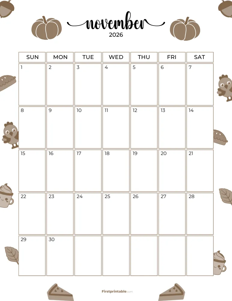 November Calendar 2026 Thanksgiving Day Template 09