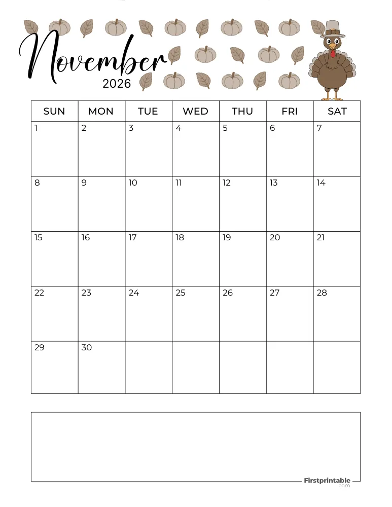 November Calendar 2026 Thanksgiving Day Template 10