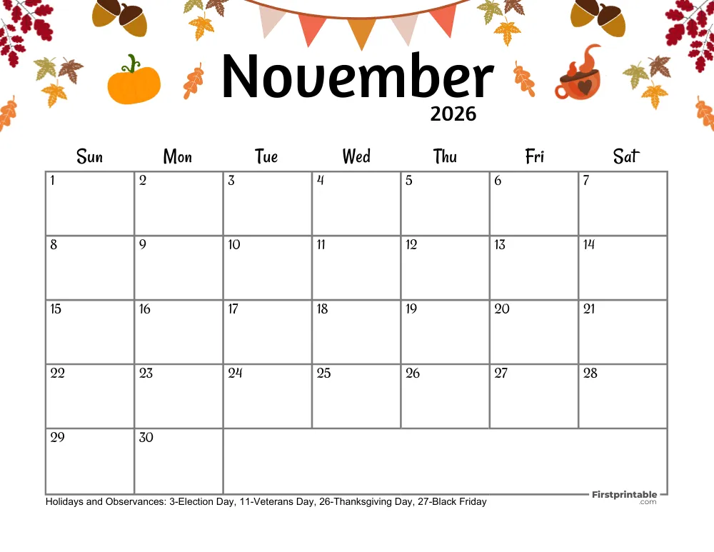 November Calendar 2026 - Thanksgiving Day