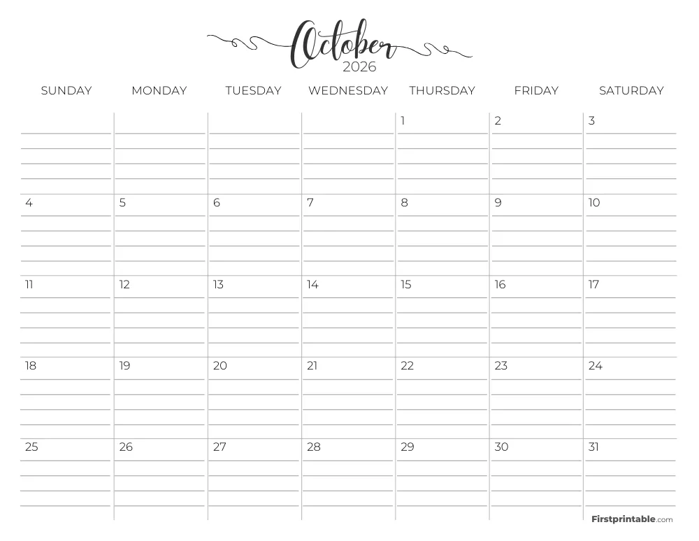 October 2026 Calendar with lines 02