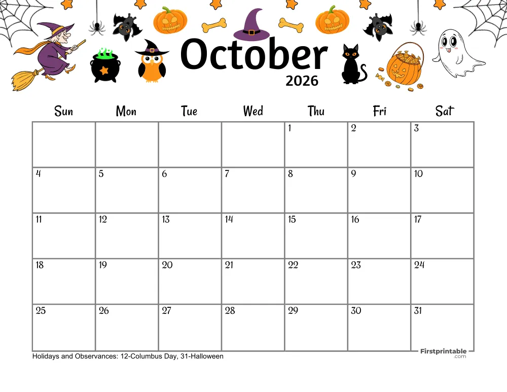October Calendar 2026 Halloween