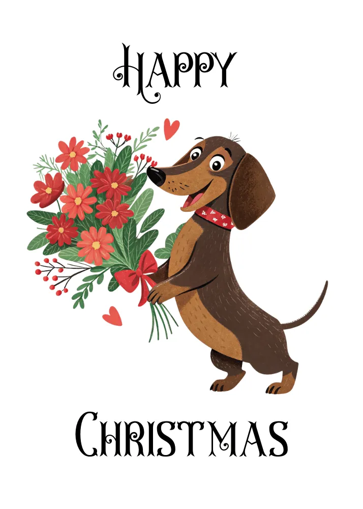 Dachshund Dog with Flower Bouquet Happy Christmas Card