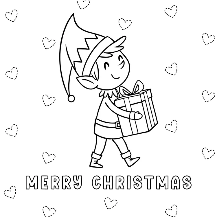 Elf Walking with Gift Coloring Page