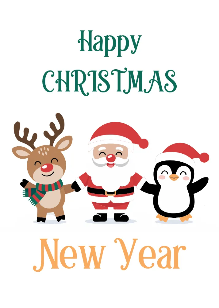Cute Rudolph, Santa, Penguin Christmas and New Year Card