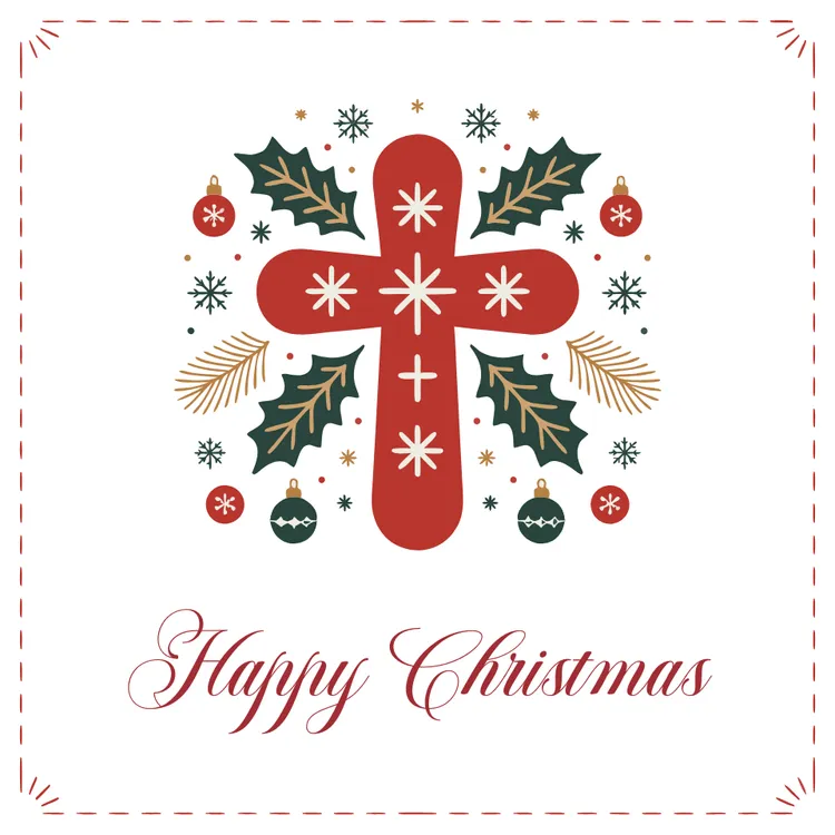Cross and Holly Leaves Happy Christmas Card
