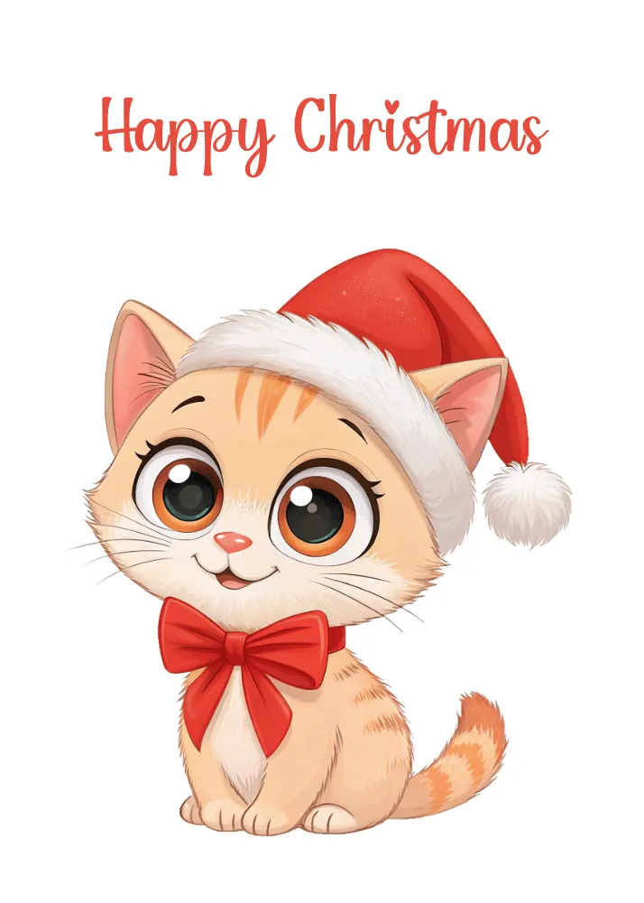 Cat with Santa Hat and Bow Christmas Card