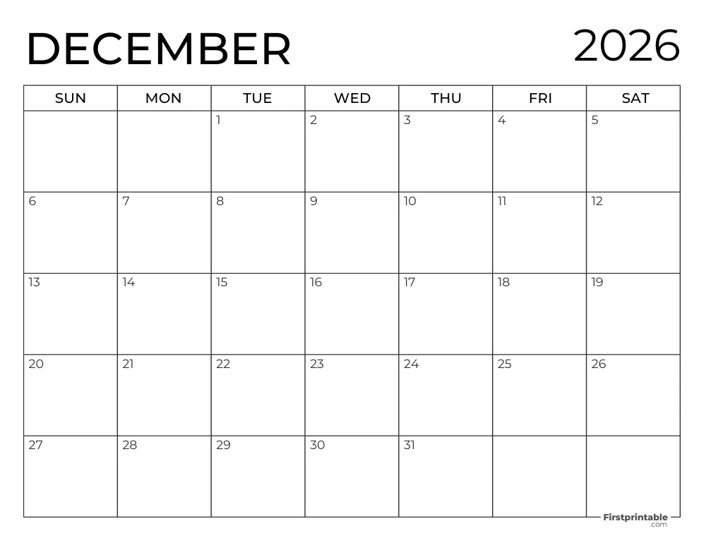 Printable December 2026 Calendar