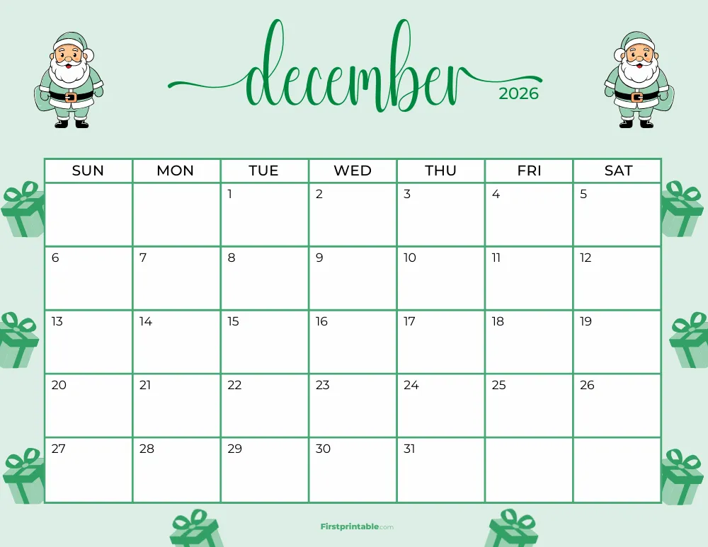 Printable December Calendar 2026 Christmas Template 20