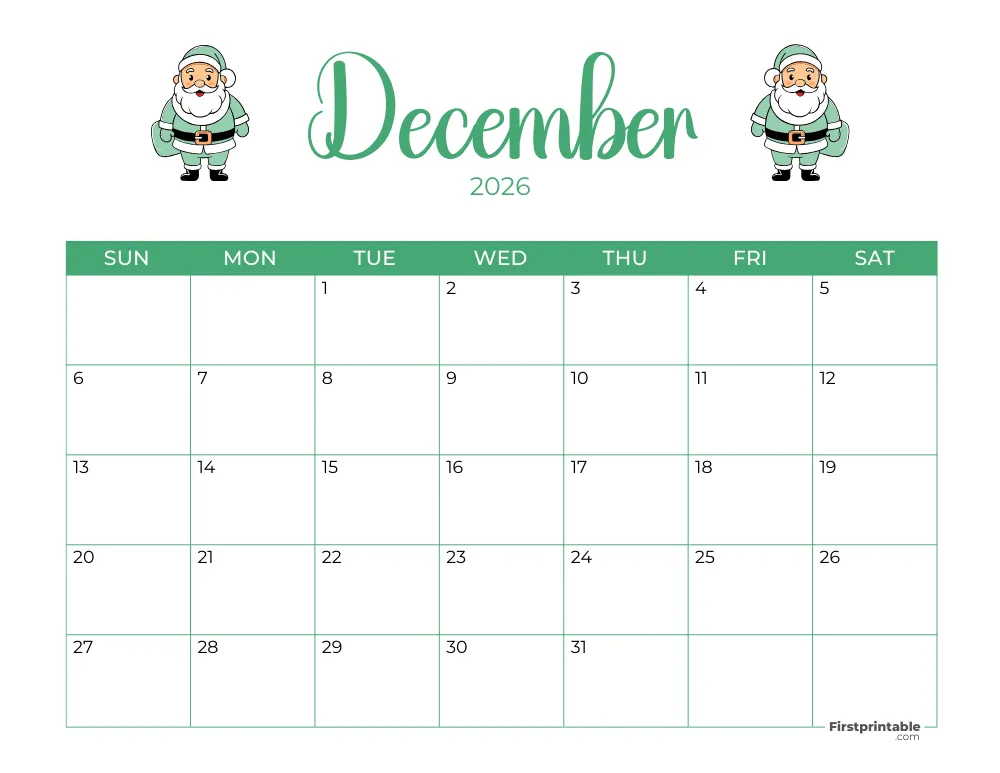 Printable December Calendar 2026 Christmas Template 22