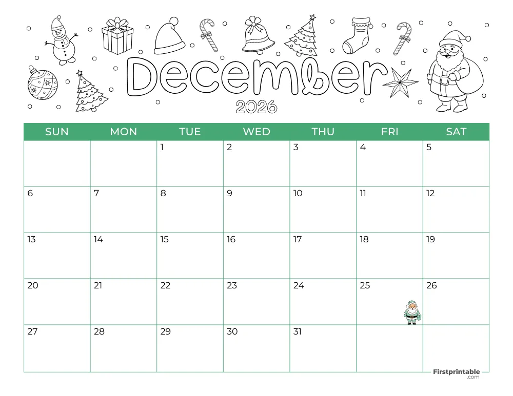 Printable December Calendar 2026 Christmas Template 25