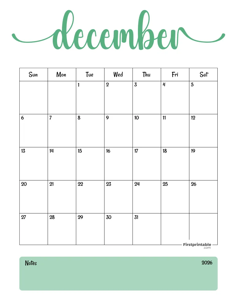 Printable December Calendar 2026 Template 04