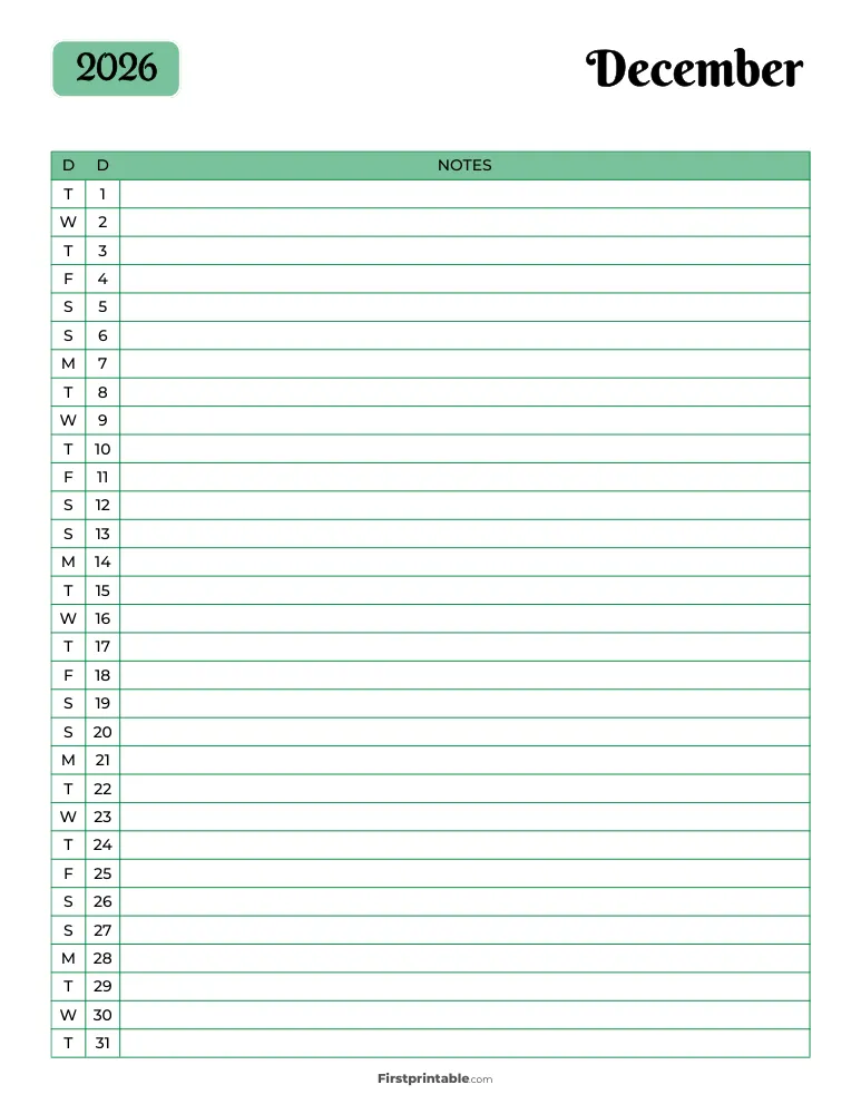 Printable December Calendar 2026 Template 13