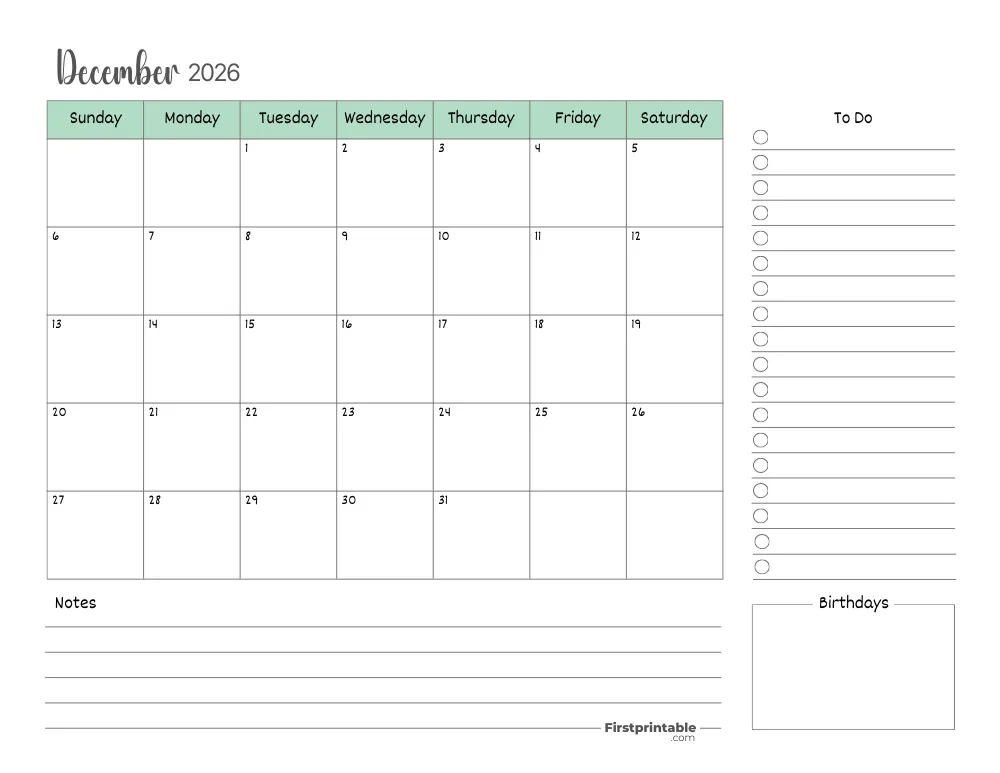 Printable December Calendar 2026 Template 15