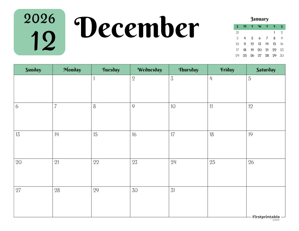 Printable December Calendar 2026 Template 16