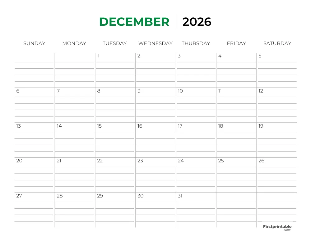 Printable December Calendar 2026 Template 26
