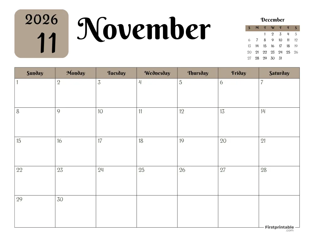 Printable November Calendar 2026 Template 16